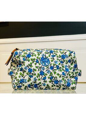 Tory Burch Floral Cosmetic Bag With Quilted Interior And Zipper Closure